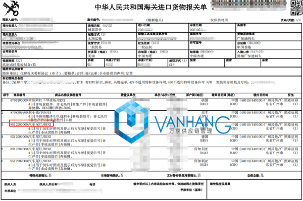 进口车灯汽车配件报关