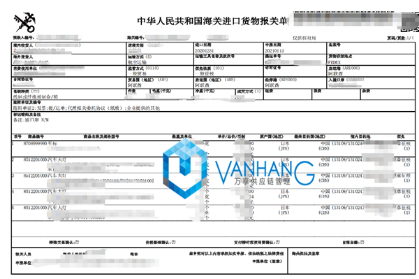 进口车灯汽车配件报关